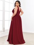 Sleeveless V-Neck Empire Waist High Slit Floor-Length Evening Dress – Burgundy