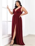 Sleeveless V-Neck Empire Waist High Slit Floor-Length Evening Dress – Burgundy