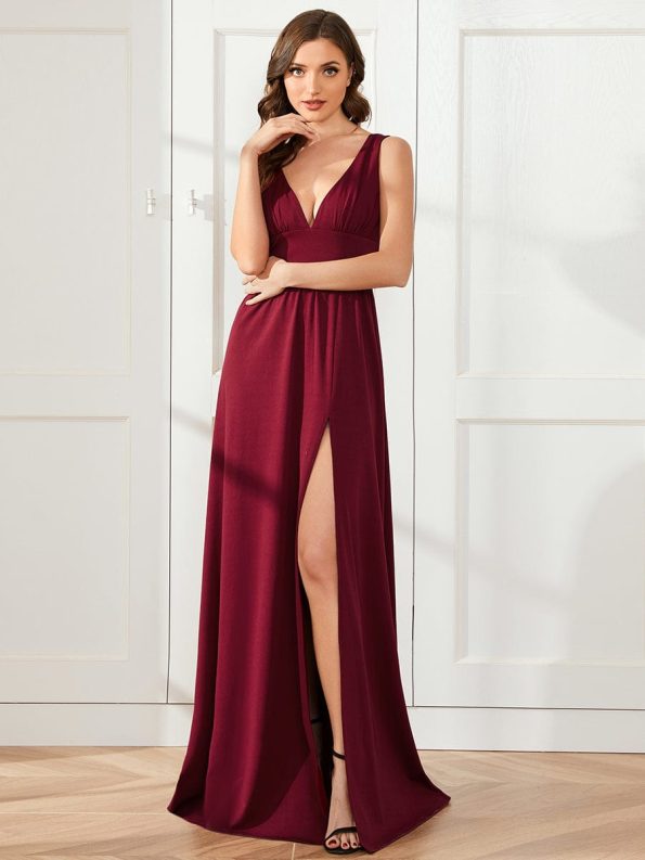 Sleeveless V-Neck Empire Waist High Slit Floor-Length Evening Dress - Burgundy