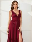 Sleeveless V-Neck Empire Waist High Slit Floor-Length Evening Dress – Burgundy