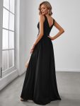 Sleeveless V-Neck Empire Waist High Slit Floor-Length Evening Dress – Black