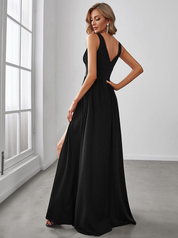 Sleeveless V-Neck Empire Waist High Slit Floor-Length Evening Dress - Black