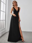 Sleeveless V-Neck Empire Waist High Slit Floor-Length Evening Dress – Black