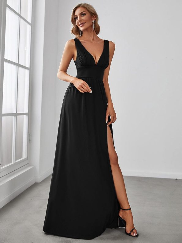 Sleeveless V-Neck Empire Waist High Slit Floor-Length Evening Dress - Black