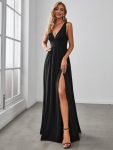 Sleeveless V-Neck Empire Waist High Slit Floor-Length Evening Dress – Black