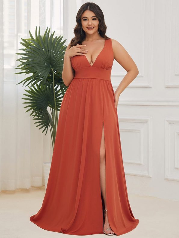 Chiffon High Slit Sleeveless V-Neck Empire Waist Formal Evening Dress - Burnt Orange