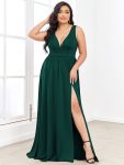 Sleeveless V-Neck Empire Waist High Slit Floor-Length Evening Dress – Dark Green