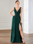 Sleeveless V-Neck Empire Waist High Slit Floor-Length Evening Dress - Dark Green