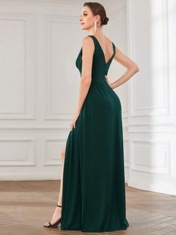 Sleeveless V-Neck Empire Waist High Slit Floor-Length Evening Dress - Dark Green