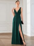 Sleeveless V-Neck Empire Waist High Slit Floor-Length Evening Dress – Dark Green