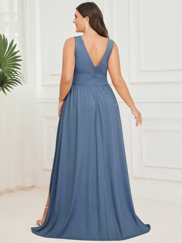 Chiffon High Slit Sleeveless V-Neck Empire Waist Formal Evening Dress - Dusty Navy