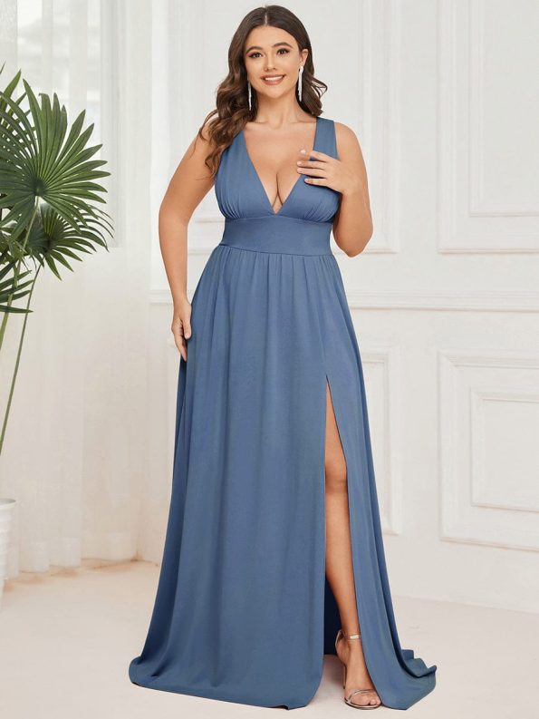 Chiffon High Slit Sleeveless V-Neck Empire Waist Formal Evening Dress - Dusty Navy