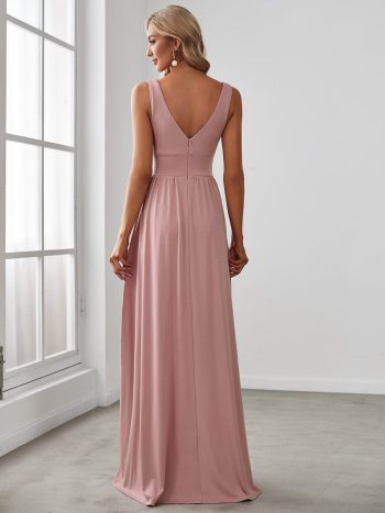 Sleeveless V-Neck Empire Waist High Slit Floor-Length Evening Dress - Dusty Rose