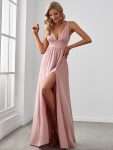 Sleeveless V-Neck Empire Waist High Slit Floor-Length Evening Dress – Dusty Rose