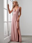 Sleeveless V-Neck Empire Waist High Slit Floor-Length Evening Dress – Dusty Rose