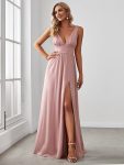 Sleeveless V-Neck Empire Waist High Slit Floor-Length Evening Dress – Dusty Rose