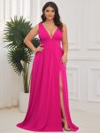 Chiffon High Slit Sleeveless V-Neck Empire Waist Formal Evening Dress – Hot Pink