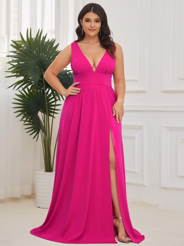 Chiffon High Slit Sleeveless V-Neck Empire Waist Formal Evening Dress - Hot Pink