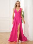 Chiffon High Slit Sleeveless V-Neck Empire Waist Formal Evening Dress – Hot Pink