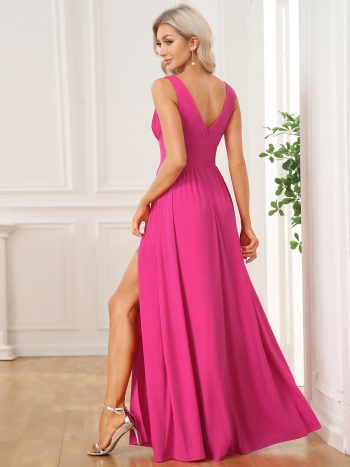 Chiffon High Slit Sleeveless V-Neck Empire Waist Formal Evening Dress - Hot Pink