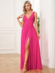 Chiffon High Slit Sleeveless V-Neck Empire Waist Formal Evening Dress – Hot Pink