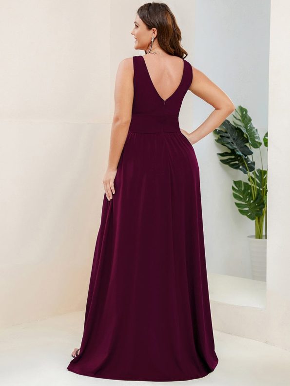 Sleeveless V-Neck Empire Waist High Slit Floor-Length Evening Dress - Mulberry