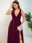 Sleeveless V-Neck Empire Waist High Slit Floor-Length Evening Dress – Mulberry