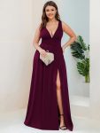 Sleeveless V-Neck Empire Waist High Slit Floor-Length Evening Dress – Mulberry