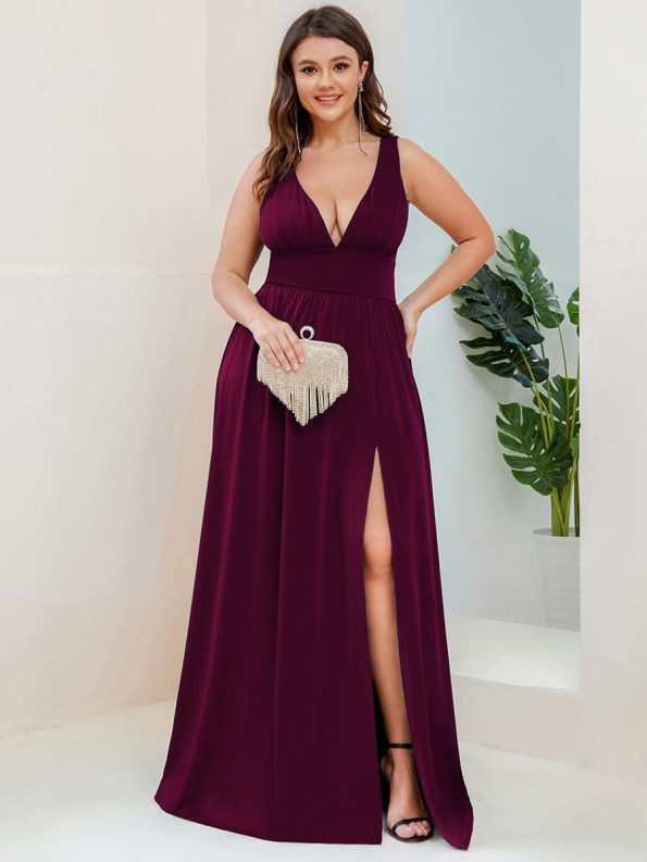 Sleeveless V-Neck Empire Waist High Slit Floor-Length Evening Dress - Mulberry