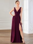 Sleeveless V-Neck Empire Waist High Slit Floor-Length Evening Dress – Mulberry