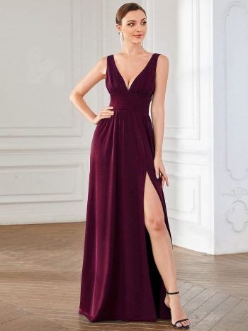 Sleeveless V-Neck Empire Waist High Slit Floor-Length Evening Dress - Mulberry