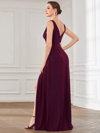 Sleeveless V-Neck Empire Waist High Slit Floor-Length Evening Dress - Mulberry