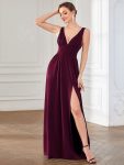 Sleeveless V-Neck Empire Waist High Slit Floor-Length Evening Dress – Mulberry