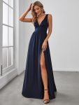 Sleeveless V-Neck Empire Waist High Slit Floor-Length Evening Dress – Navy Blue