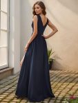 Sleeveless V-Neck Empire Waist High Slit Floor-Length Evening Dress – Navy Blue