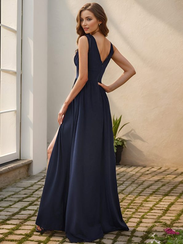 Sleeveless V-Neck Empire Waist High Slit Floor-Length Evening Dress - Navy Blue