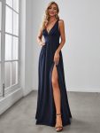 Sleeveless V-Neck Empire Waist High Slit Floor-Length Evening Dress – Navy Blue