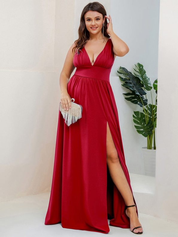 Chiffon High Slit Sleeveless V-Neck Empire Waist Formal Evening Dress - Red