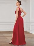 Chiffon High Slit Sleeveless V-Neck Empire Waist Formal Evening Dress – Red