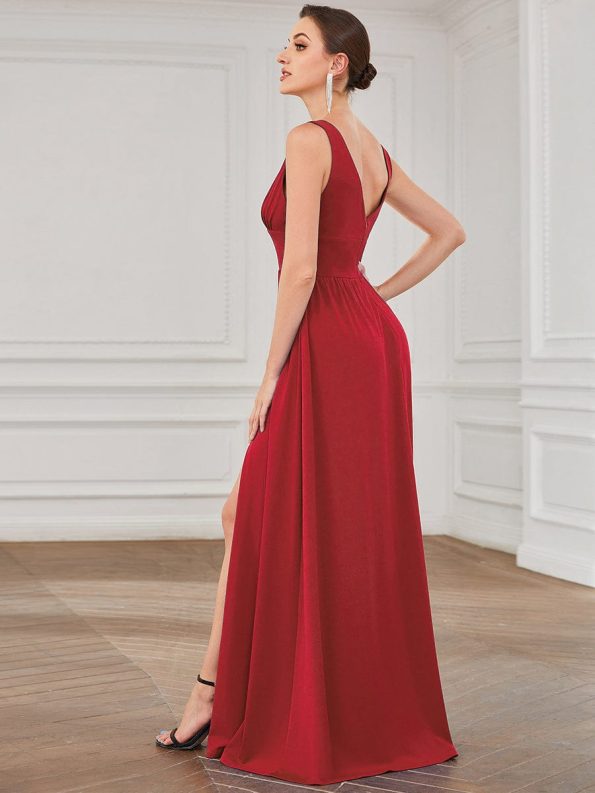 Chiffon High Slit Sleeveless V-Neck Empire Waist Formal Evening Dress - Red