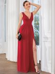 Chiffon High Slit Sleeveless V-Neck Empire Waist Formal Evening Dress – Red