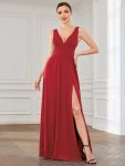 Chiffon High Slit Sleeveless V-Neck Empire Waist Formal Evening Dress – Red