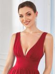 Chiffon High Slit Sleeveless V-Neck Empire Waist Formal Evening Dress – Red