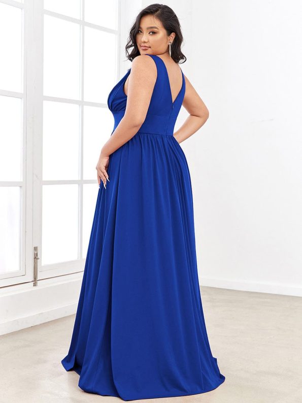 Sleeveless V-Neck Empire Waist High Slit Floor-Length Evening Dress - Sapphire Blue