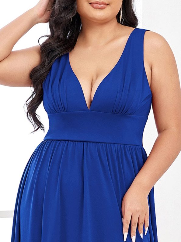 Sleeveless V-Neck Empire Waist High Slit Floor-Length Evening Dress - Sapphire Blue