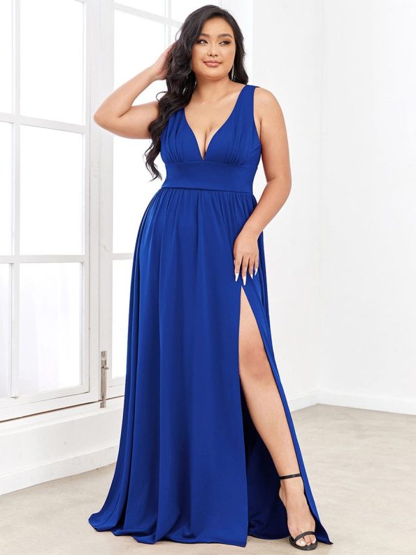 Sleeveless V-Neck Empire Waist High Slit Floor-Length Evening Dress - Sapphire Blue