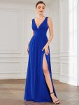 Sleeveless V-Neck Empire Waist High Slit Floor-Length Evening Dress – Sapphire Blue