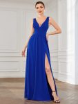 Sleeveless V-Neck Empire Waist High Slit Floor-Length Evening Dress - Sapphire Blue