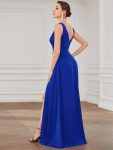 Sleeveless V-Neck Empire Waist High Slit Floor-Length Evening Dress – Sapphire Blue