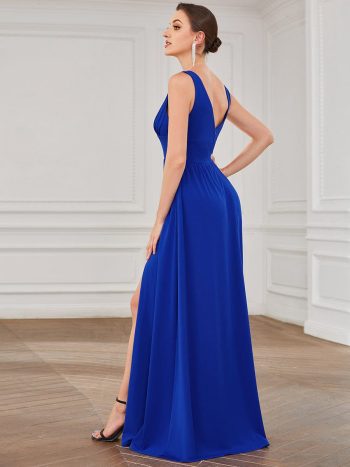 Sleeveless V-Neck Empire Waist High Slit Floor-Length Evening Dress - Sapphire Blue